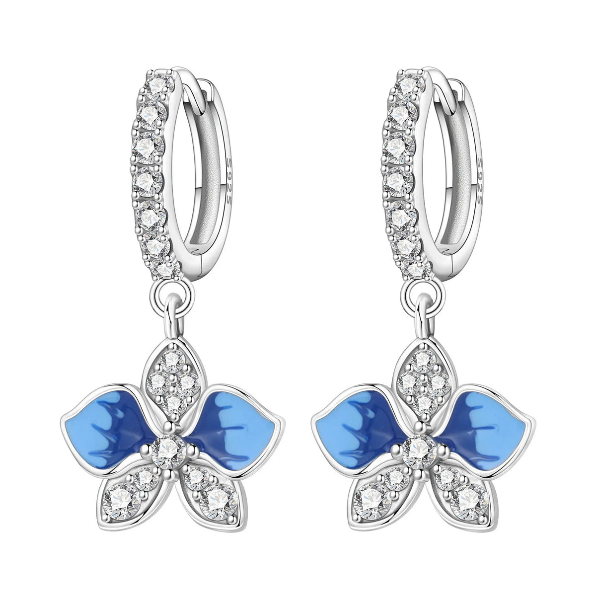 Sterling silver 925 earrings with blue hydrangea flower design, elegant jewelry by Corporación Turística.