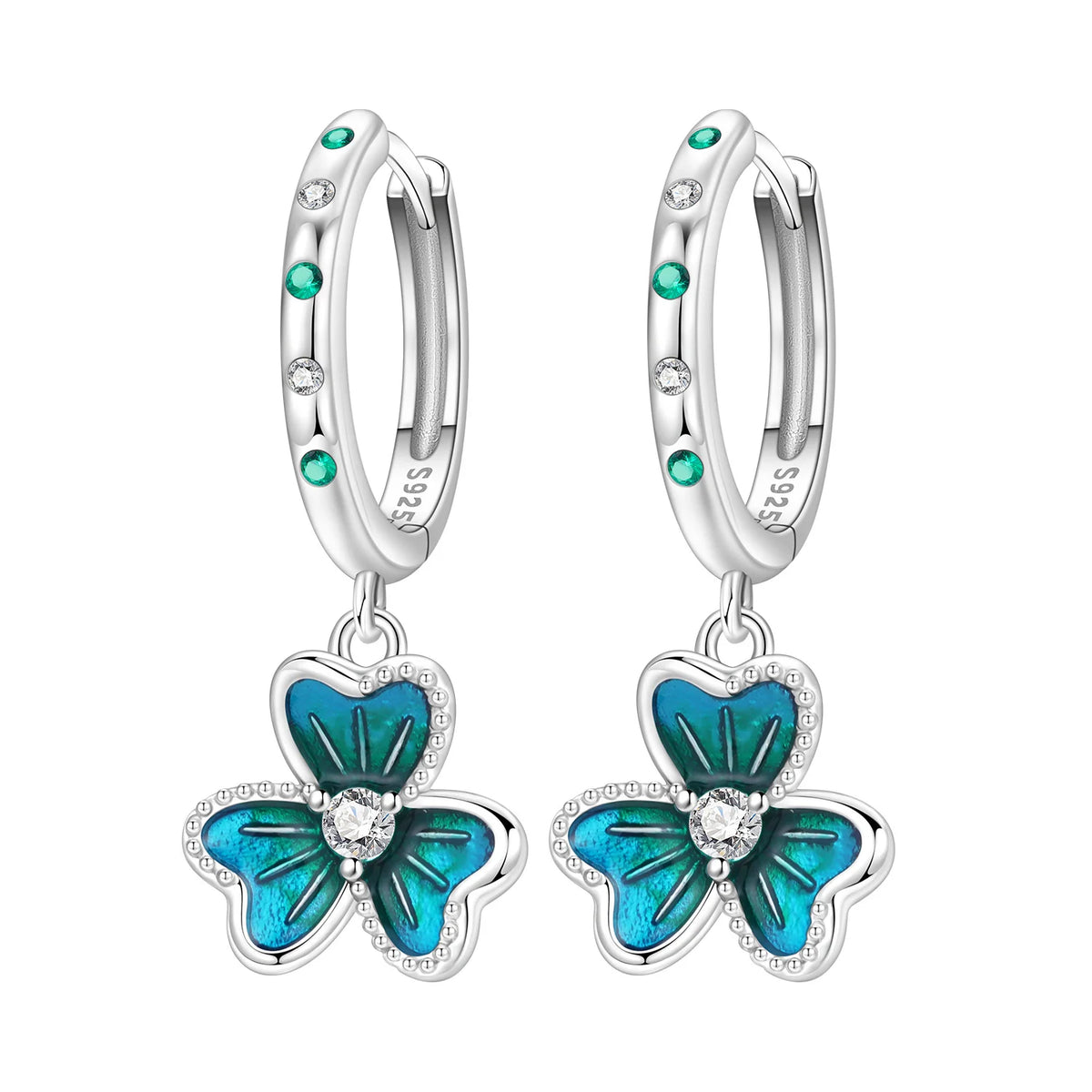 Sterling silver earrings featuring blue hydrangea flower design, crafted by Corporación Turística.