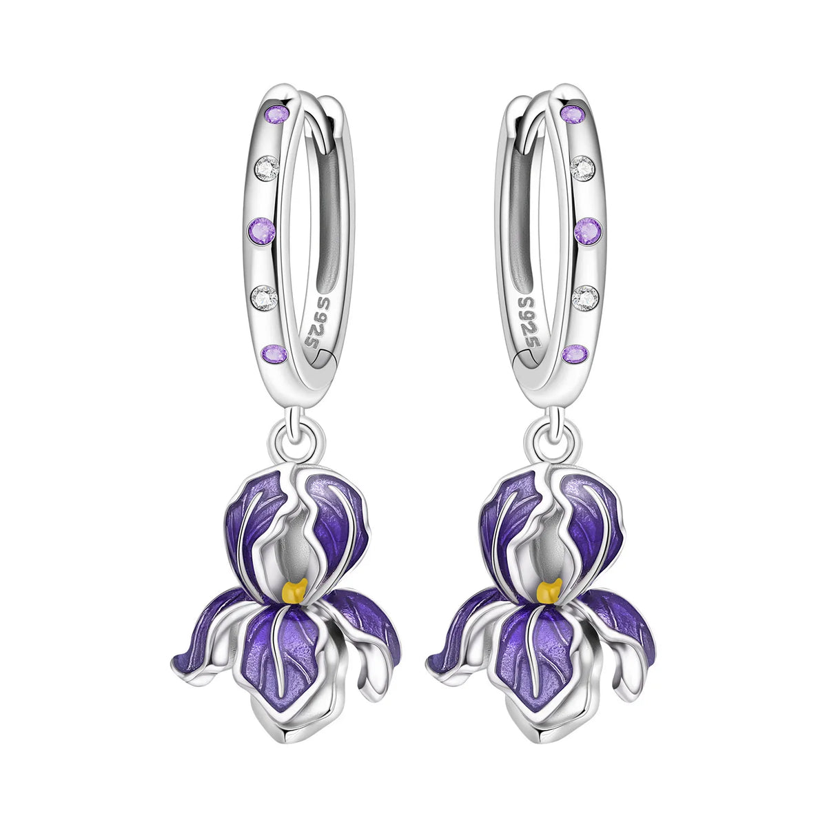 Sterling silver earrings with blue hydrangea flower design, crafted by Corporación Turística, featuring detailed floral accents.