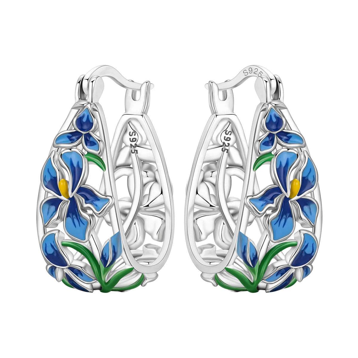 Silver flower earrings by PANPOKI Original Plata de Ley 925, crafted with detailed floral design and sterling silver finish.