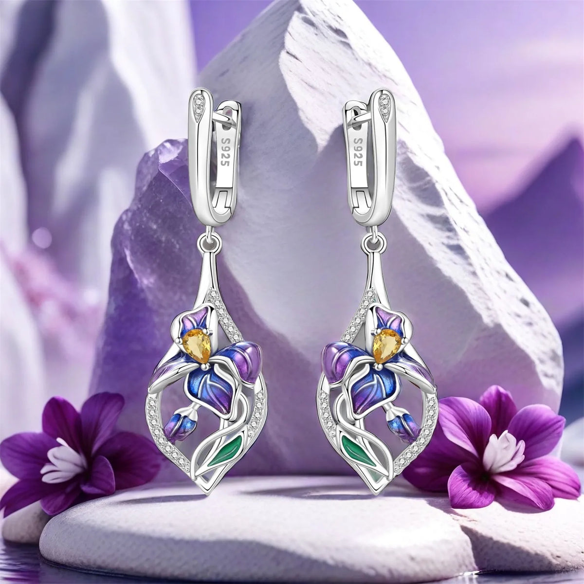 Orstarry Iris flower pendant earrings for women, silver-tone jewelry with floral design, stylish and elegant accessory.