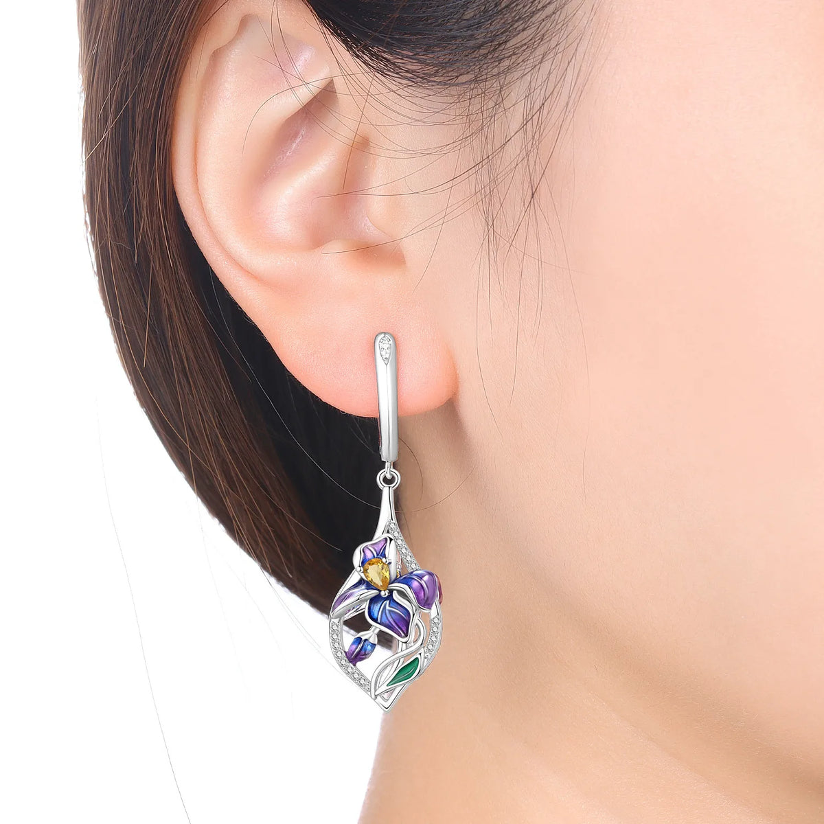 Orstarry Iris flower drop earrings for women, featuring elegant floral design and silver hooks, made by Corporación Turística.
