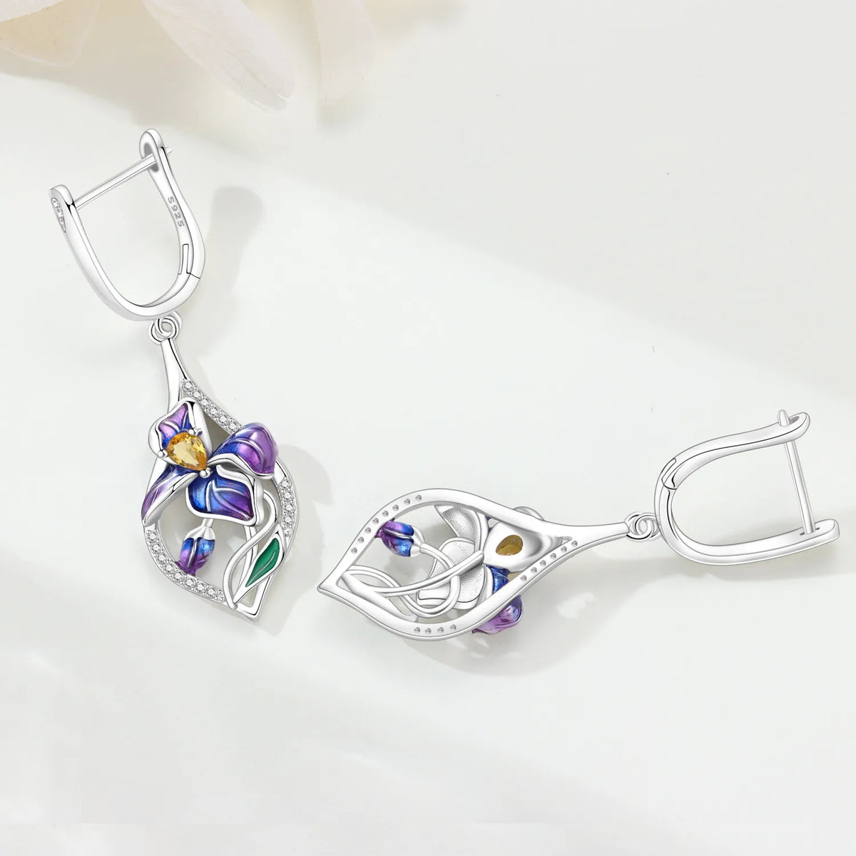 Orstarry Iris flower pendant earrings for women featuring delicate floral design and silver hooks, suitable for elegant occasions.