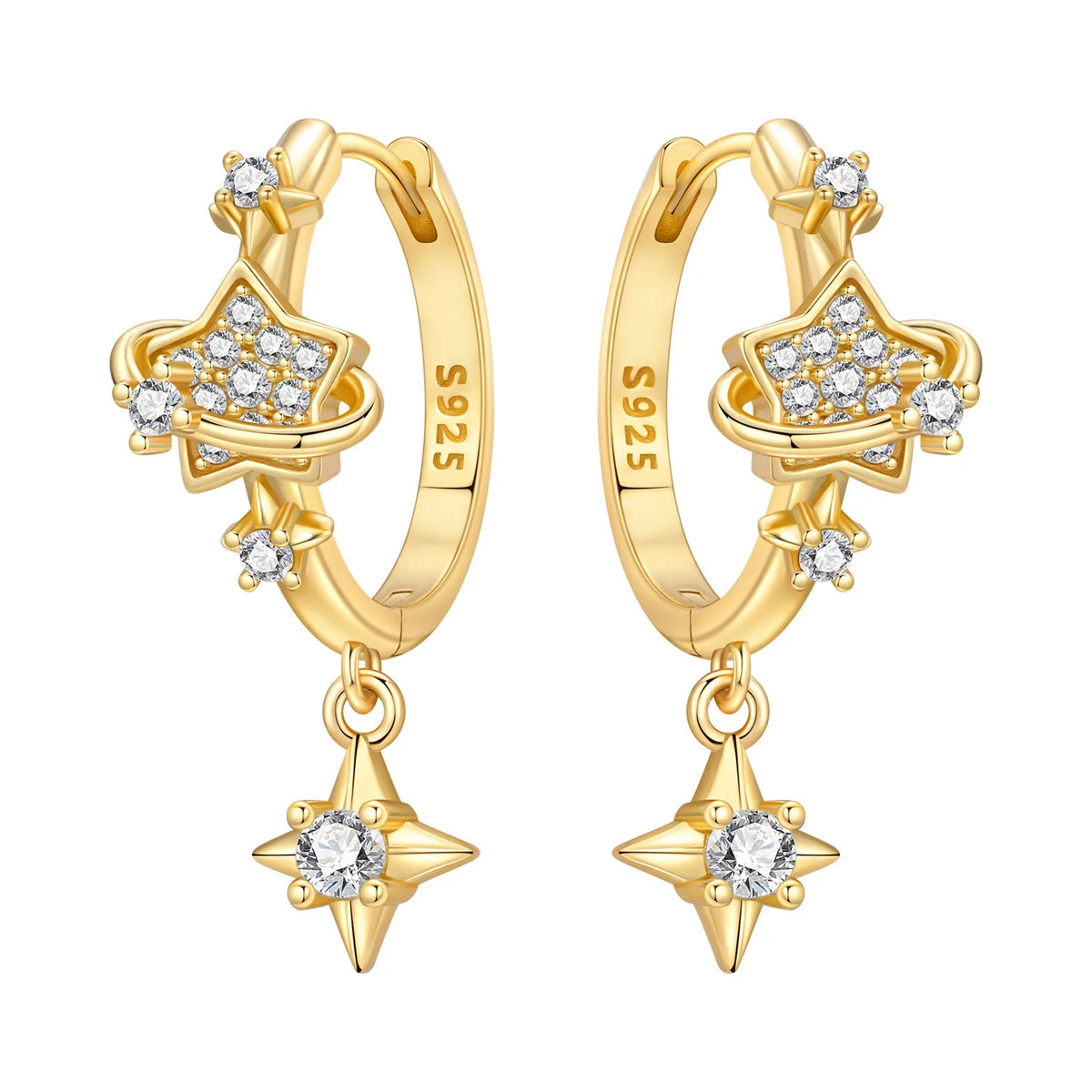 Sterling silver Orstarry earrings with star-shaped design from Corporación Turística, showcasing shiny star accents in the image.