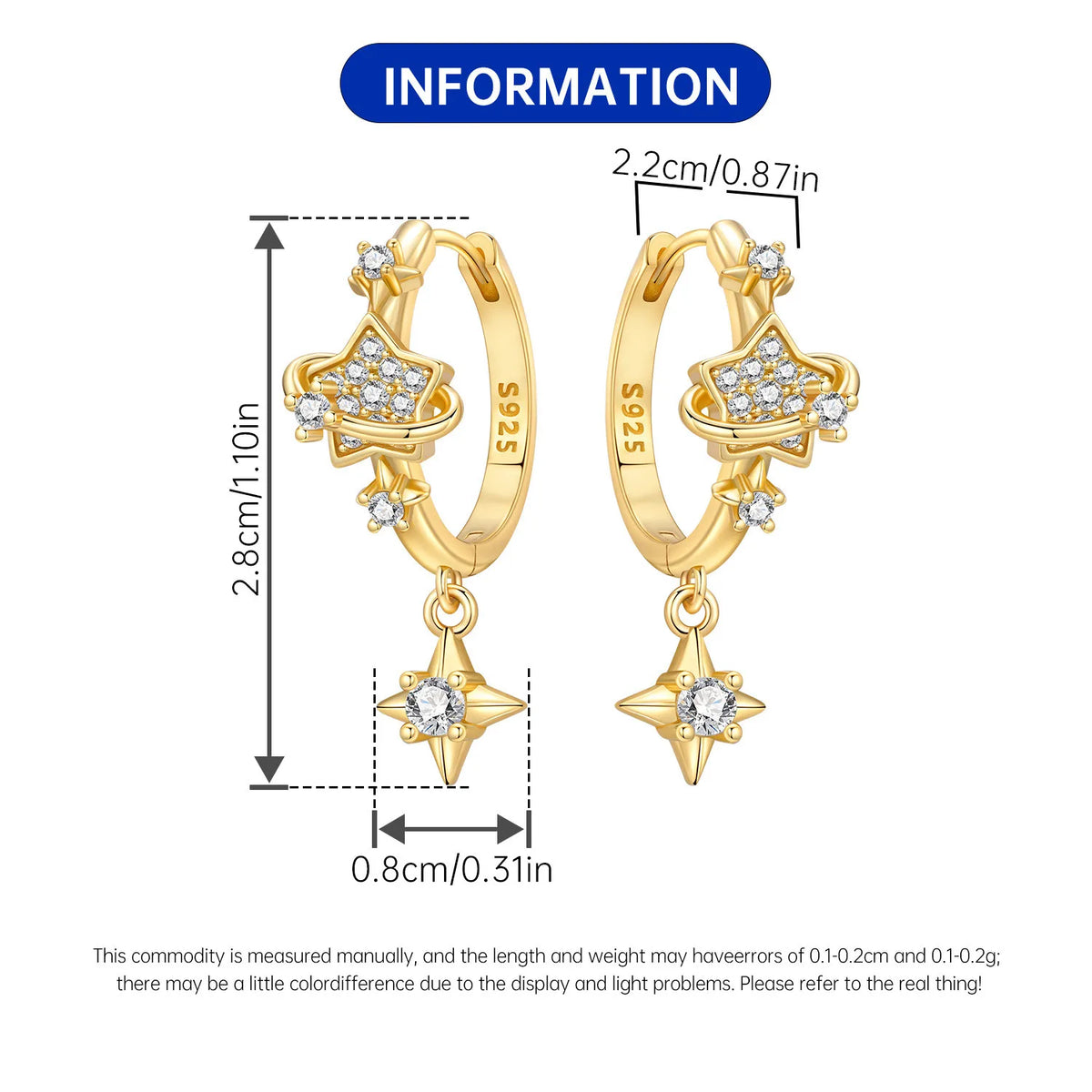 Sterling silver Orstarry earrings with star designs by Corporación Turística displayed on white background.