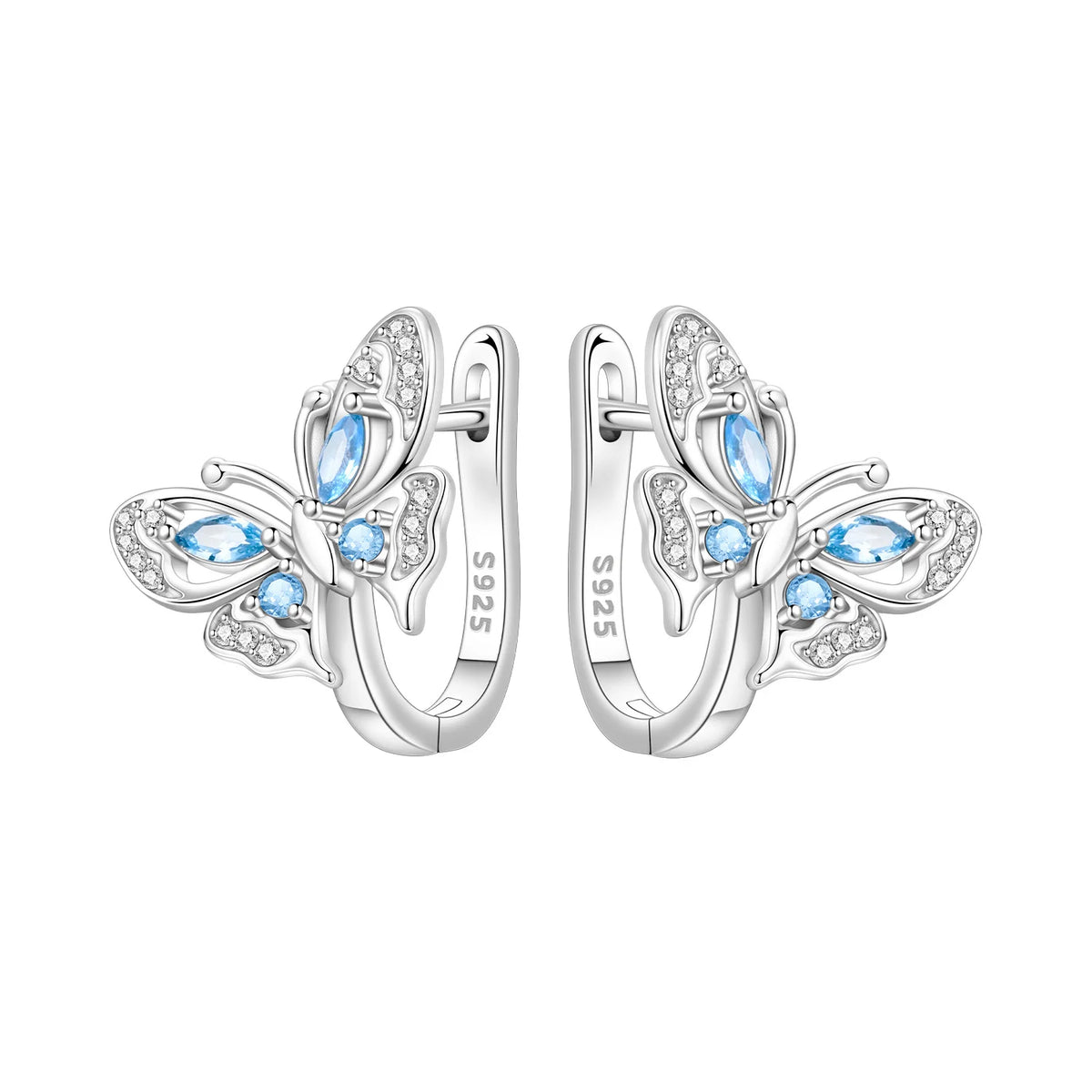 Sterling silver Orstarry earrings with sparkling blue zirconia stones, showcasing elegant dangle design.