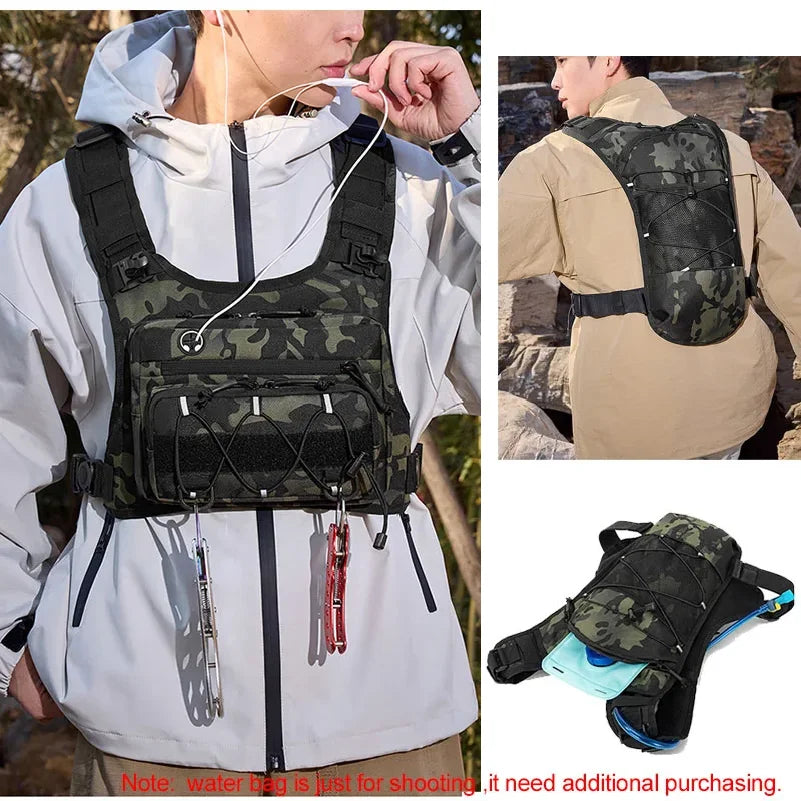 Hydration vest for running, cycling, and hiking by Corporación Turística, with adjustable straps and hydration pockets.