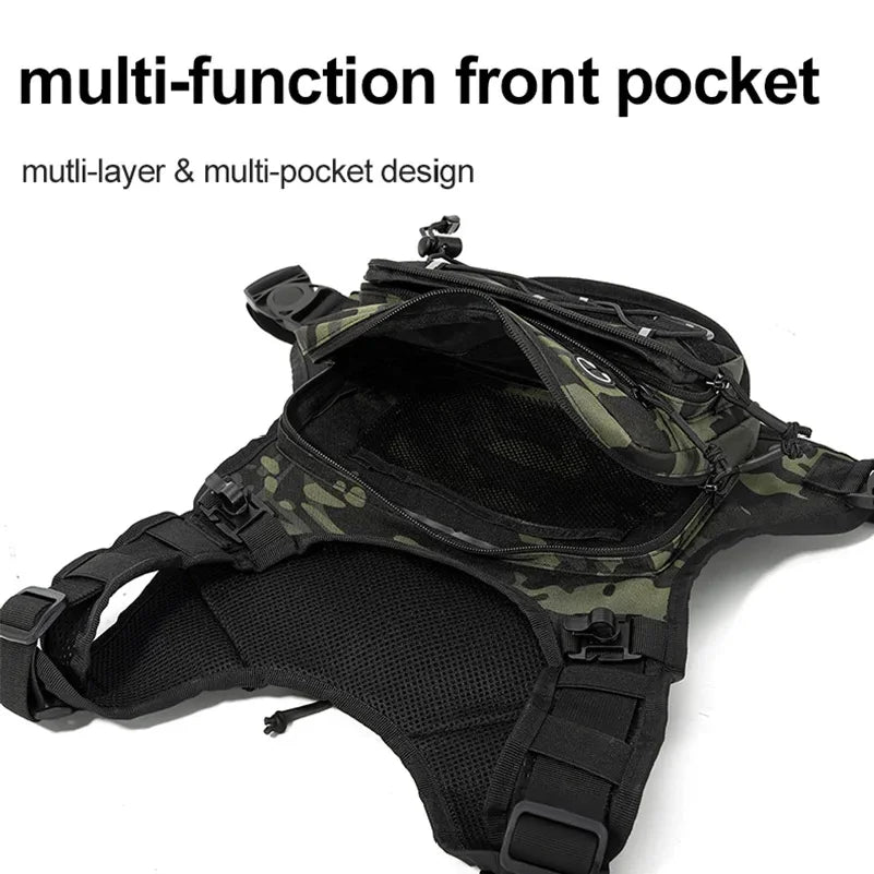 Hydration vest for running, cycling, and hiking by Corporación Turística, featuring adjustable straps and water bottle pockets.