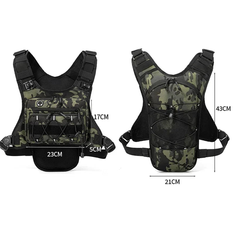 Hydration vest by Corporación Turística for running, cycling, and hiking, with water bottles and adjustable straps.