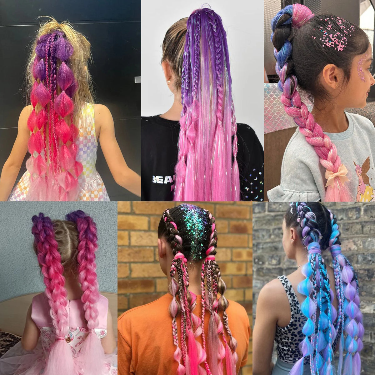 Colorful 24-inch ponytail extension with purple, red, and orange metallic tinsel strands, ideal for festive or costume looks.
