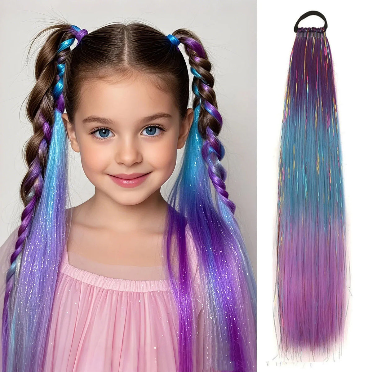 Colorful 24-inch purple, red, and gold metallic ponytail extension with shiny, curly oropel texture for festive hair styling.