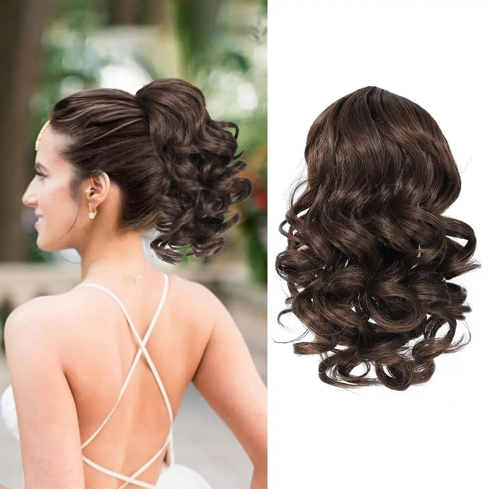 Short ruffled curly ponytail extension with cord, natural black color, by Corporación Turística, shown attached to a model's hair.