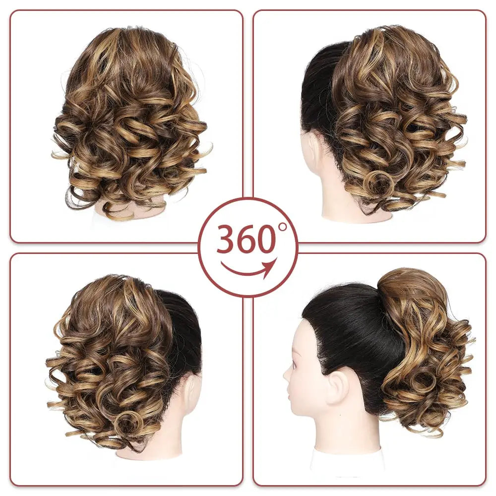 Short curly corded ponytail extension from Corporación Turística, showing the textured, voluminous hair attached to a hair tie.