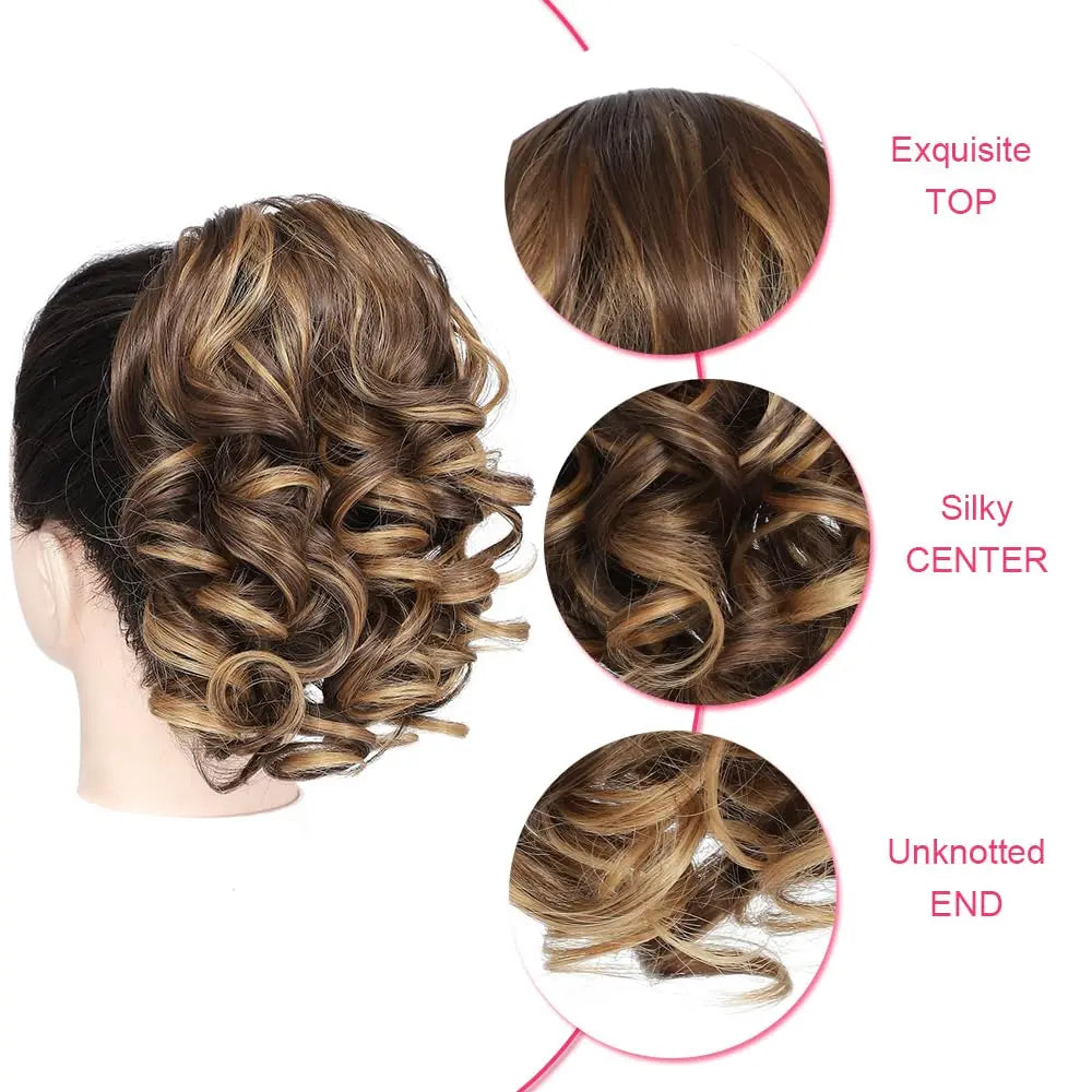 Short curly corded ponytail extension from Corporación Turística, shown attached to a model's hair for a natural look.