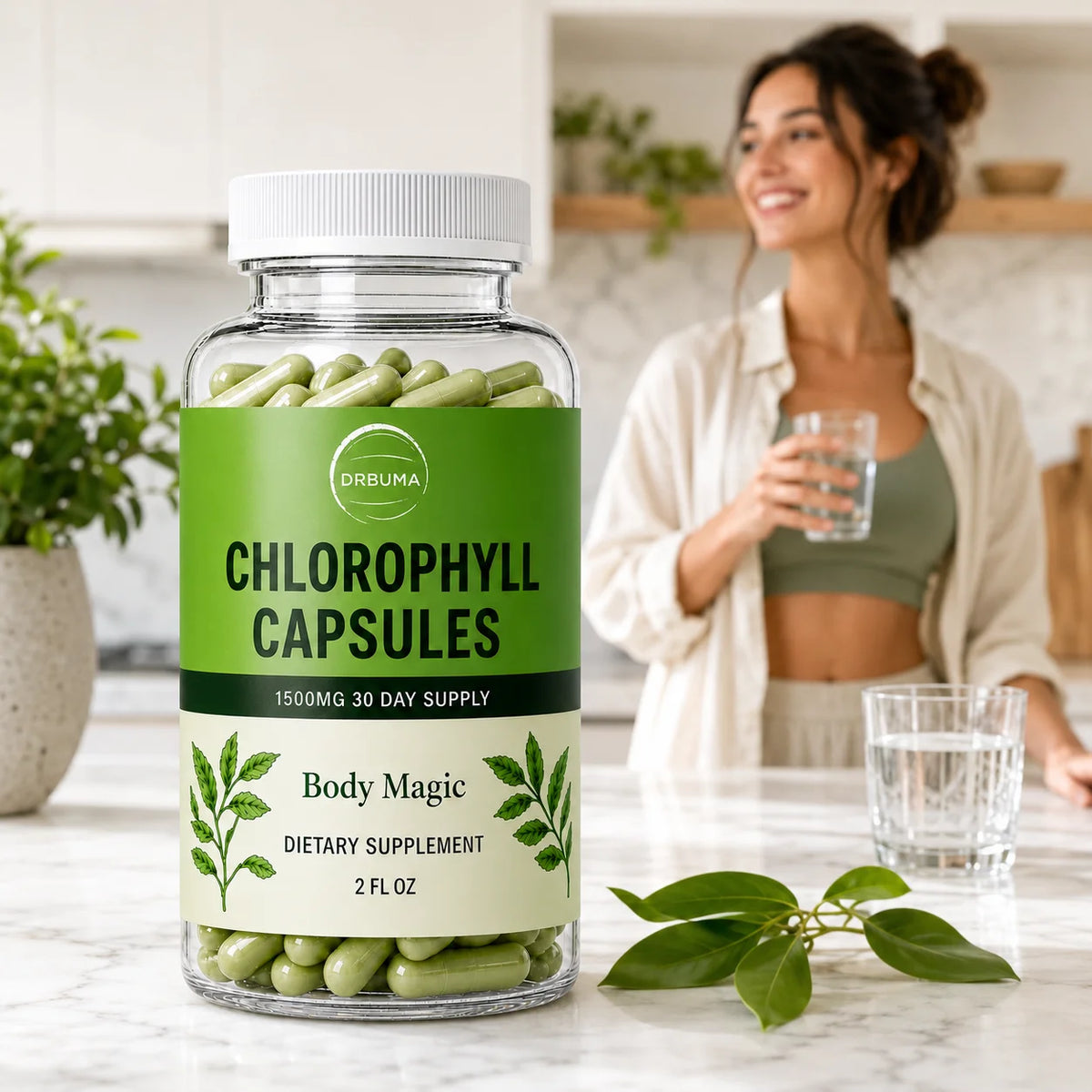 Pack of 30 chlorophyll capsules from Corporación Turística, showing green capsule bottles with label details.