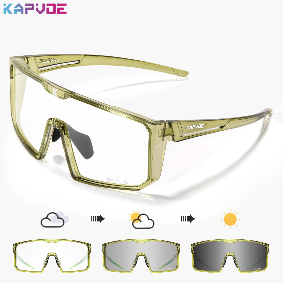 Blue photochromic polarized fishing sunglasses by KAPVOE for outdoor fishing and water activities, with durable frame and UV protection.