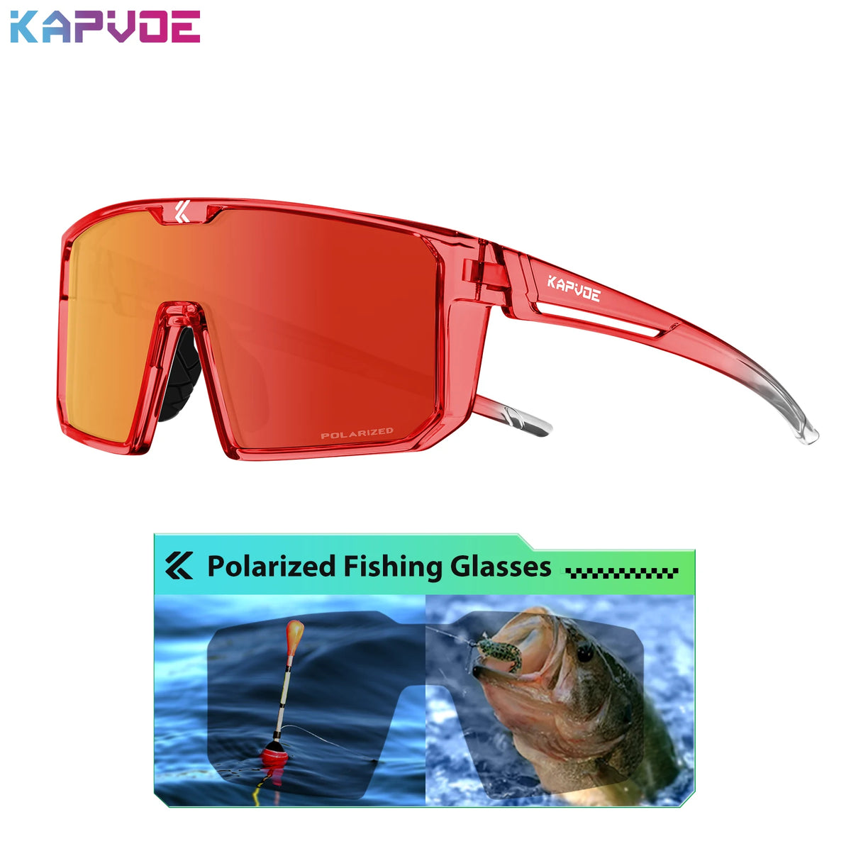 Blue photochromic polarized fishing sunglasses by KAPVOE with black frames, designed for outdoor fishing activities.