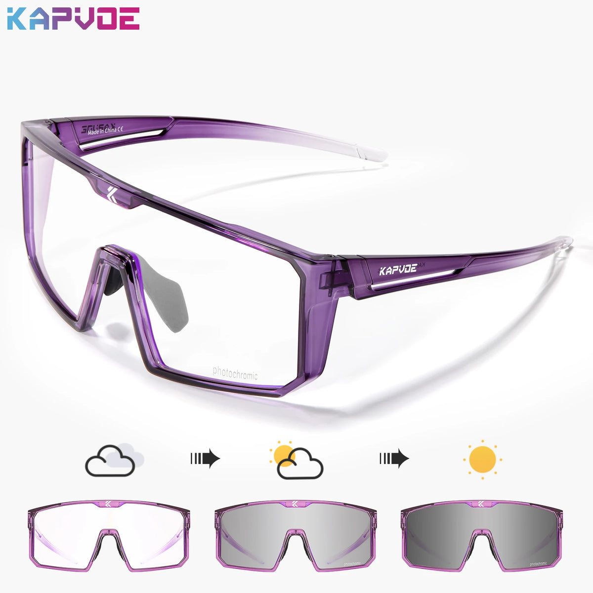 Blue photochromic polarized fishing sunglasses by KAPVOE, featuring wraparound design and UV protection for outdoor fishing activities.