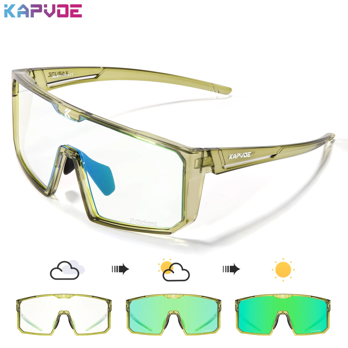 Blue photochromic polarized fishing sunglasses by KAPVOE, with a sleek frame and lenses designed for outdoor fishing activities.