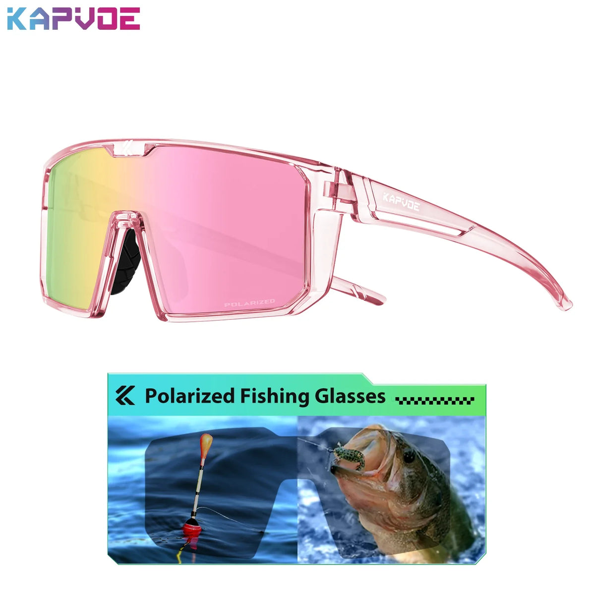 Polarized fishing sunglasses by KAPVOE featuring blue photochromic lenses, designed for outdoor water activities and fishing.