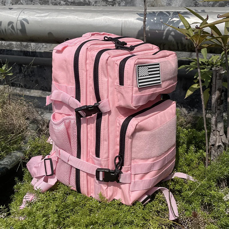 Pink tactical camping backpack for men and women, 15L-25L capacity, durable design by Corporación Turística.