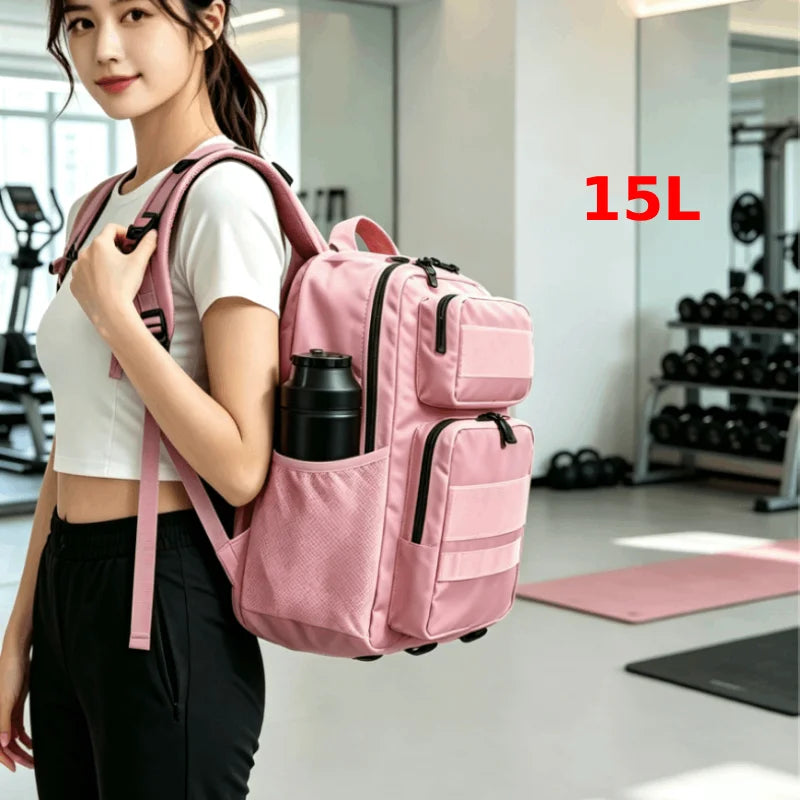 Pink tactical camping backpack for men and women, 15L to 25L capacity, durable outdoor gear by Corporación Turística.