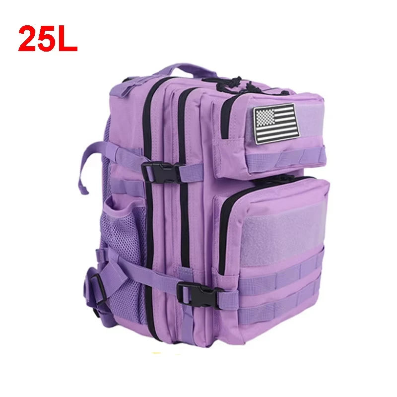 Pink tactical camping backpack for men and women, 15L to 25L capacity, with multiple compartments and adjustable straps.