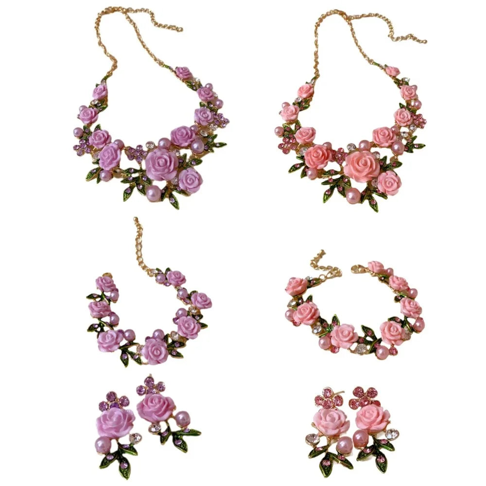 Lujoso collar de flores rosas con diamantes de imitación, elegante joyería de Corporación Turística.