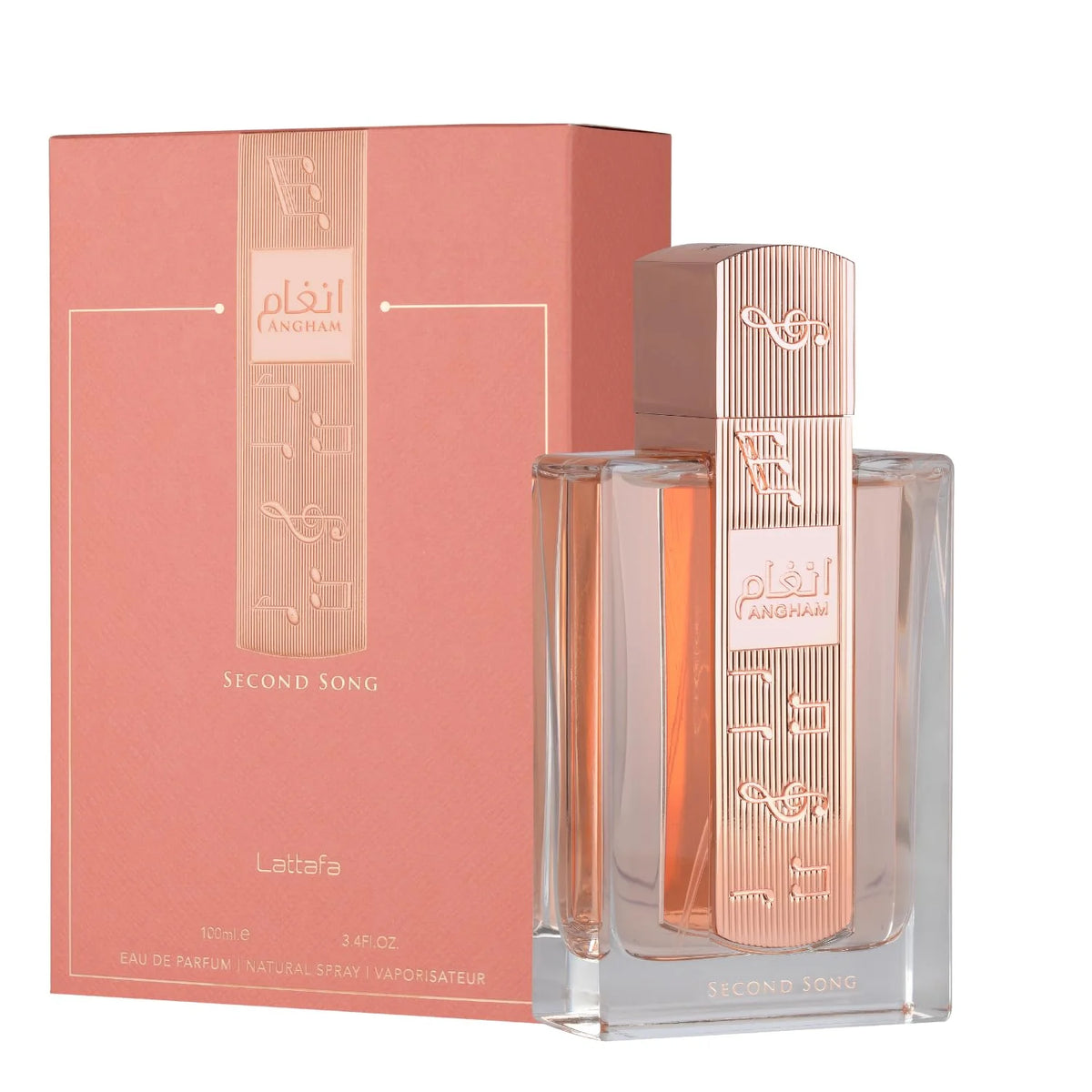Lattafa Angham Second Song Eau de Parfum 100ml by Corporación Turística, pink bottle, elegant fragrance for women.