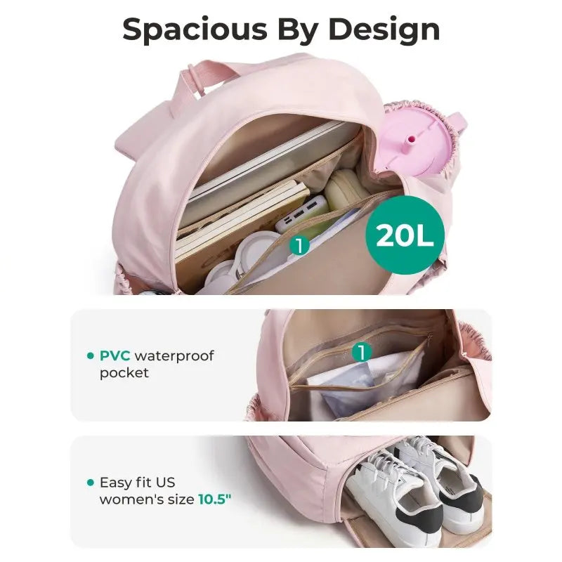 Pink tennis racket sports backpack by Corporación Turística with compartments for rackets and gear.