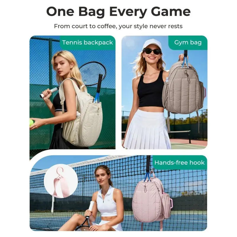 Pink tennis racket sports backpack with multiple compartments, designed by Corporación Turística for convenient tennis gear storage.
