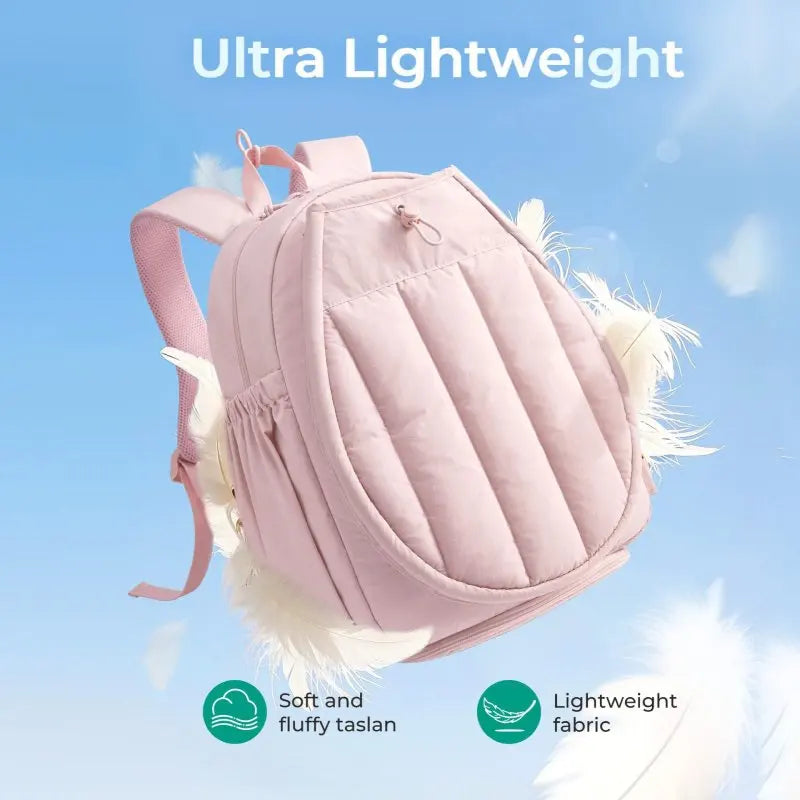 Pink tennis racket sports backpack by Corporación Turística with a main compartment and multiple storage sections.