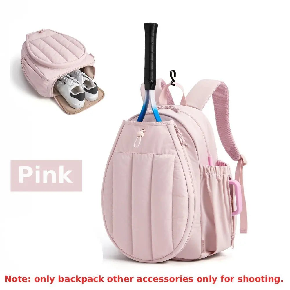 Pink tennis racket sports backpack by Corporación Turística with multiple compartments for gear and accessories.