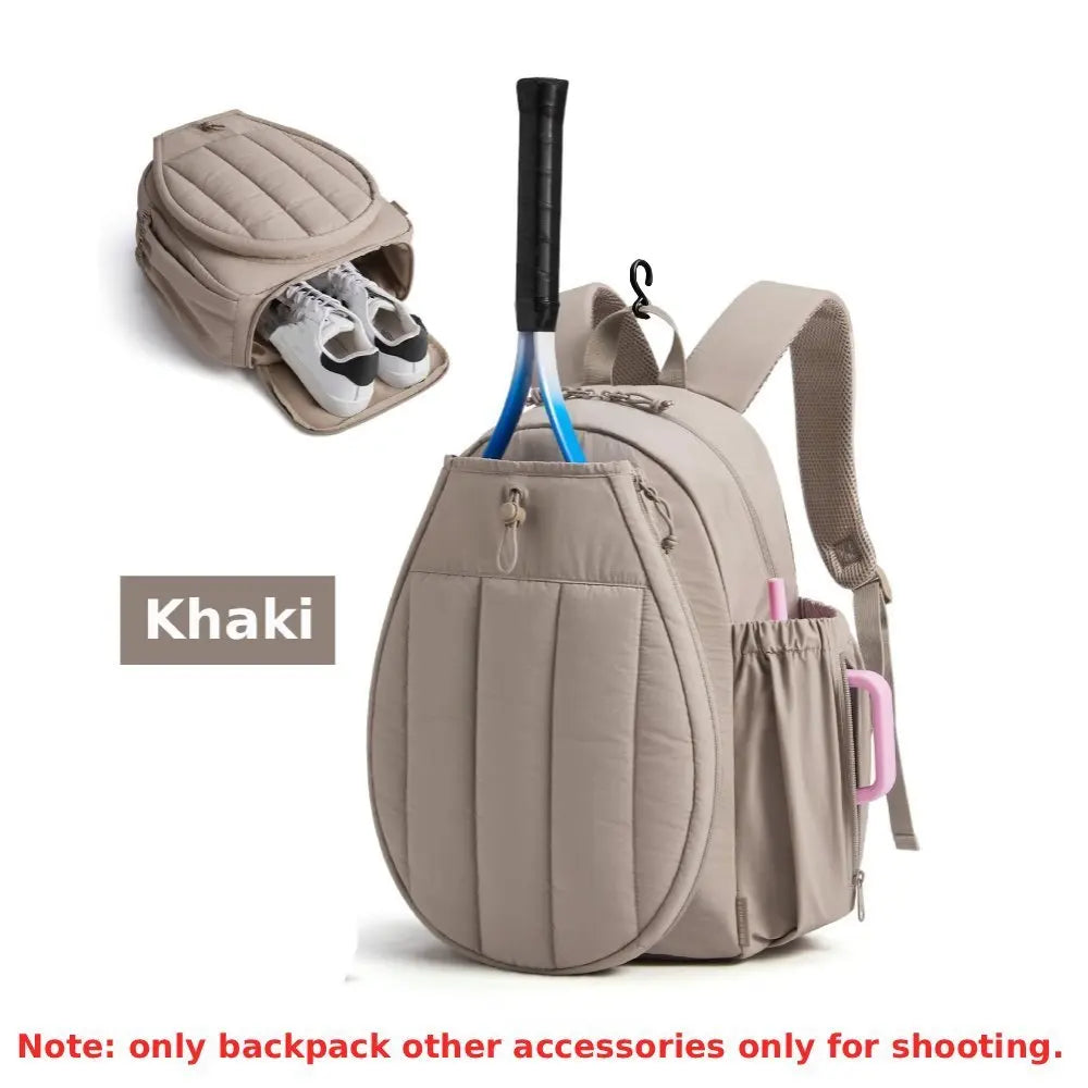 Pink tennis racket sports backpack from Corporación Turística with multiple compartments and adjustable straps.