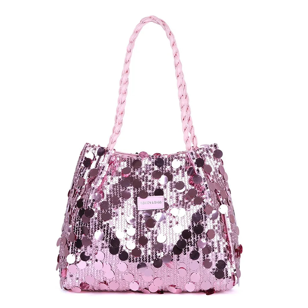 Pink shiny tote bag with sequin embellishments for women, stylish and spacious, from Corporación Turística.