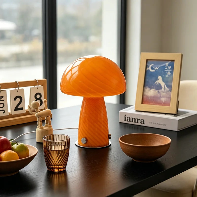 Mid-century style Murano crystal table lamp with pink swirl design, crafted by Corporación Turística, elegant and decorative lighting.
