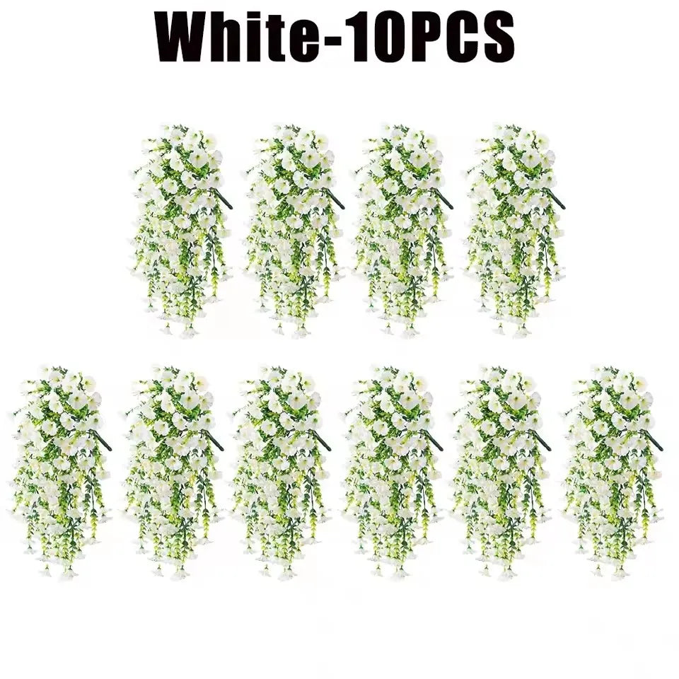 Set of 10 hanging eucalyptus and gloria morning flower decorations in pink and white, ideal for tropical-themed decor.