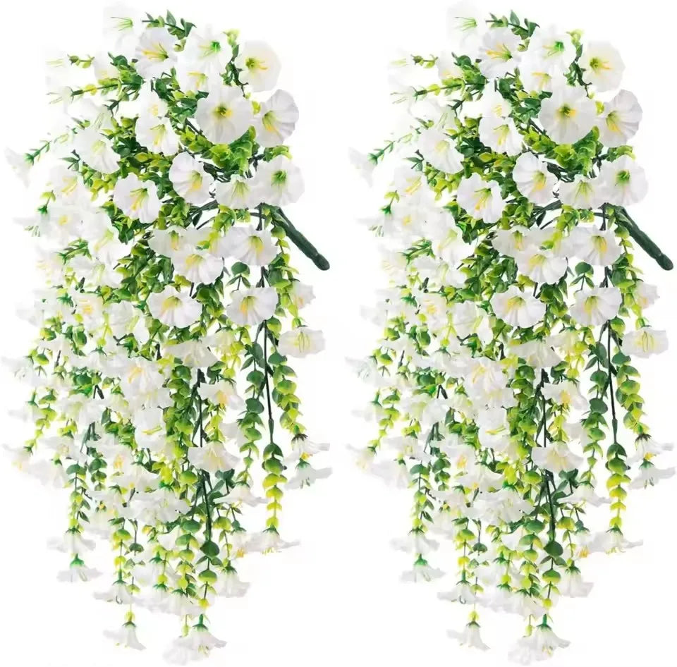 Set of 10 hanging eucalyptus and gloria morning decorations in pink and white, ideal for floral or event decor.