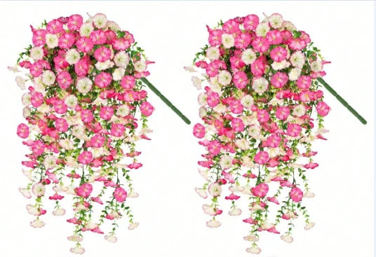 Set of 10 hanging eucalyptus and gloria morning floral decorations in pink and white, ideal for home and event decor.