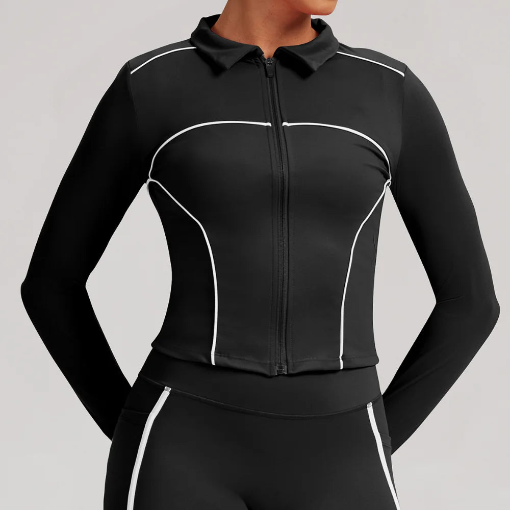 Pink women's yoga jacket from Corporación Turística, suitable for training and gym workouts, shown on a mannequin.