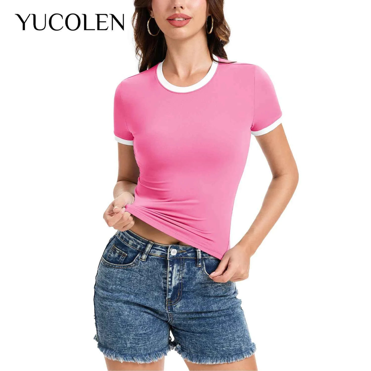 Pink YUCOLEN Y2K crop top for women with round neckline, short sleeves, casual style, made by Corporación Turística.