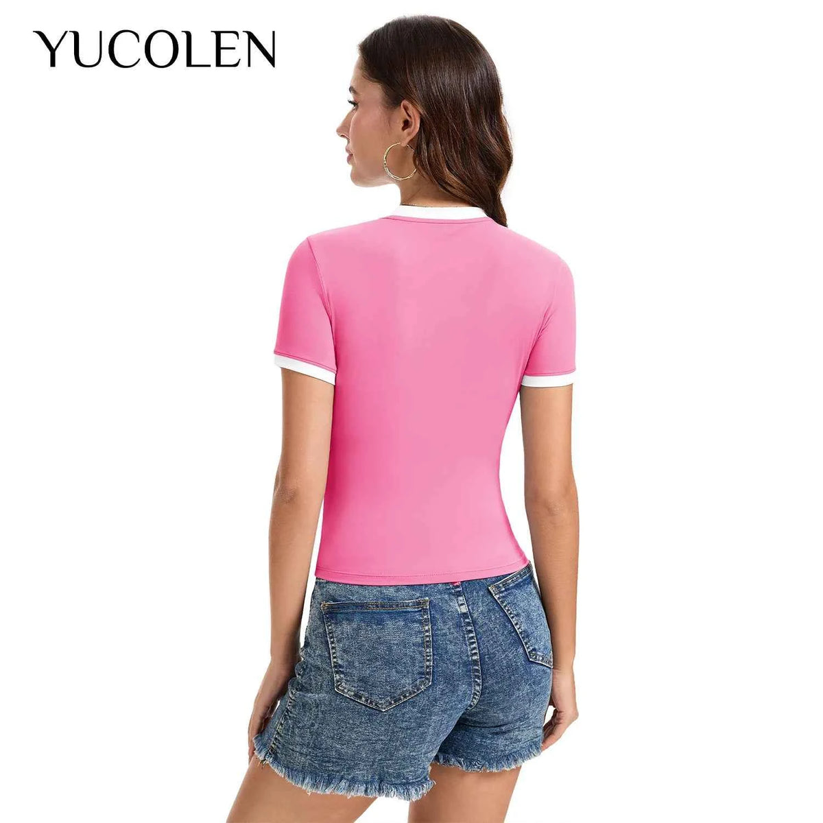 Pink YUCOLEN women's Y2K short-sleeve T-shirt with round neckline, casual style, made by Corporación Turística.