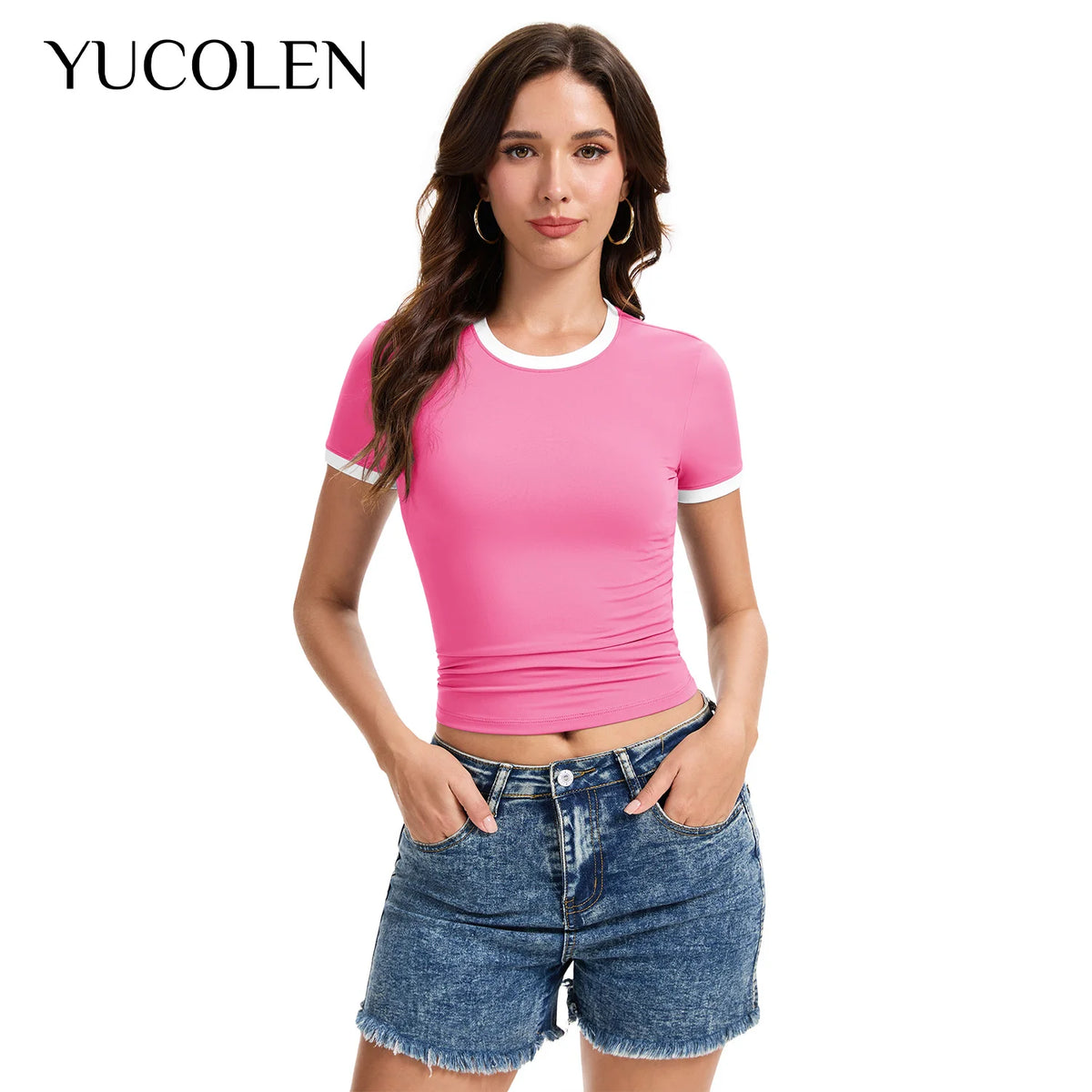 Pink YUCOLEN Y2K crop top for women with round neckline, casual style, from Corporación Turística.