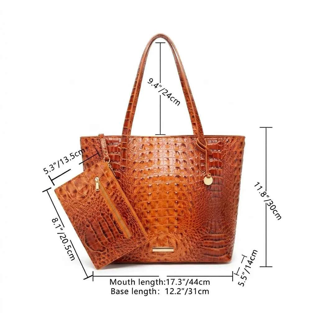 Set of textured leather handbags by Corporación Turística, featuring stylish design and multiple sizes for versatile use.
