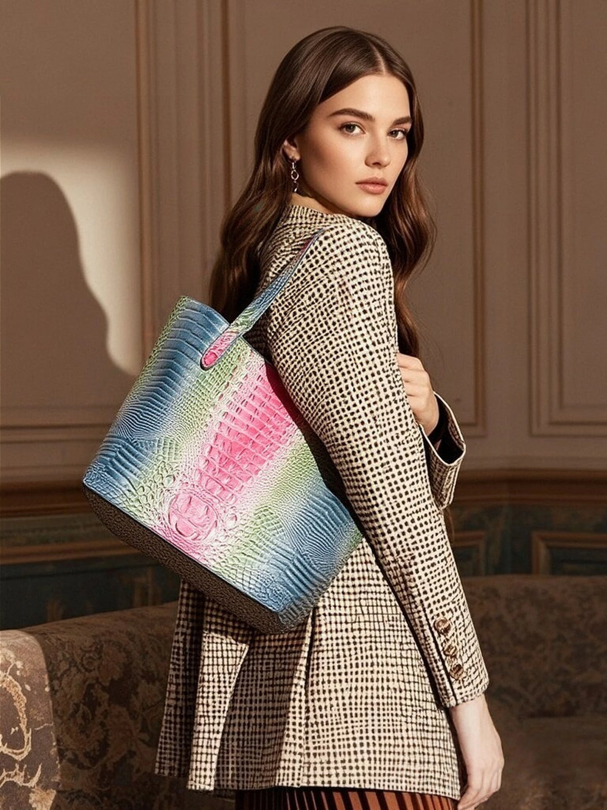 Set of textured leather handbags from Corporación Turística featuring stylish, embossed design in a coordinated fashion look.