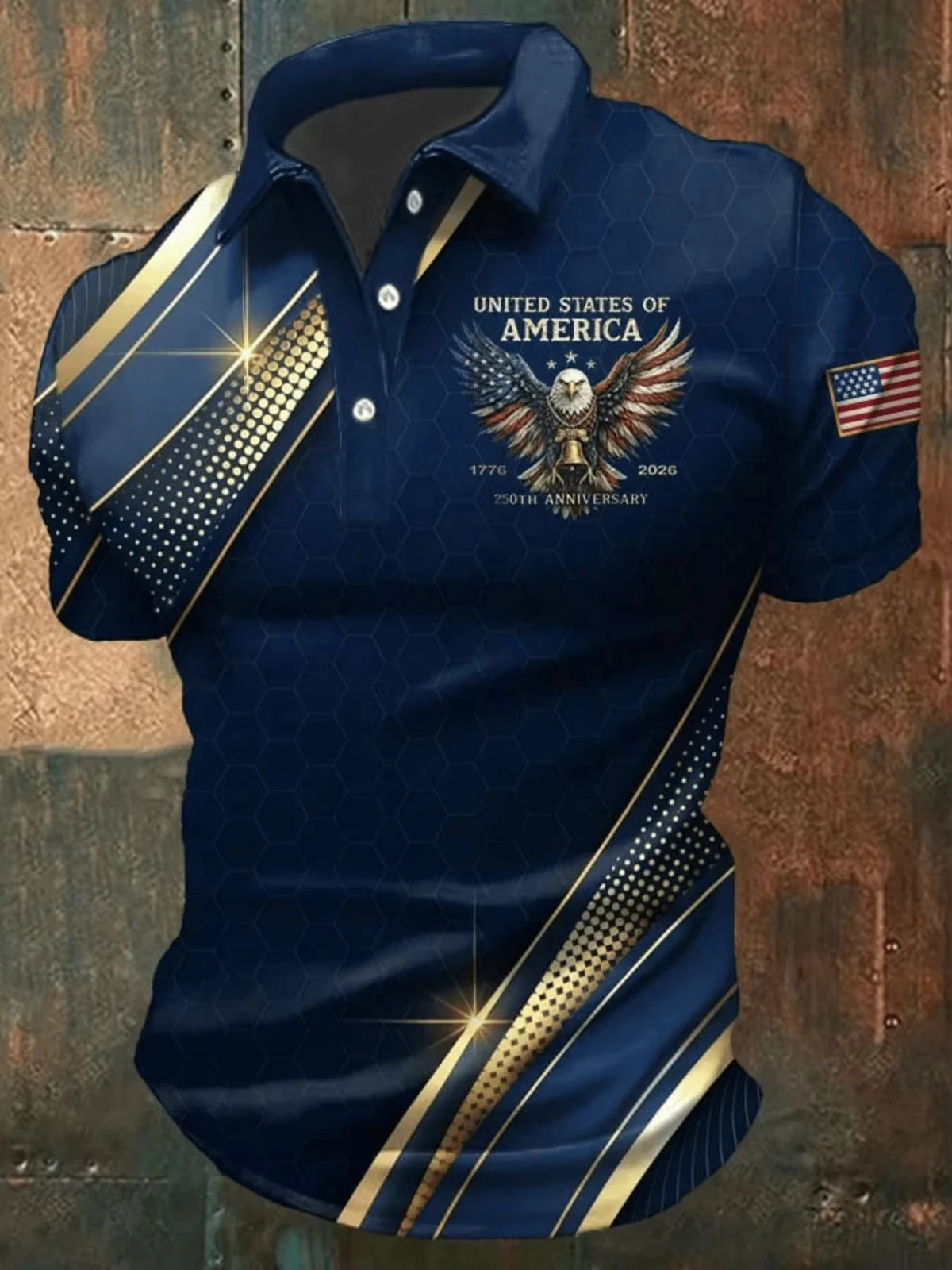 3D printed polo shirt by Corporación Turística featuring leaf and boat patterns with a bander design on a model.