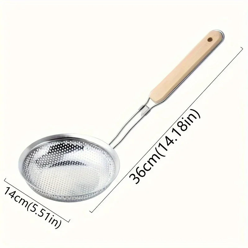 Stainless steel strainer with wooden handle and spoon from Corporación Turística, ideal for cooking and food preparation.