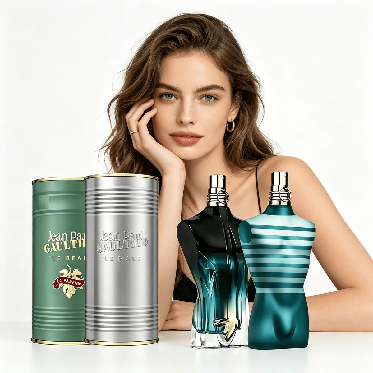 Jean Paul Gaultier Le Beau Le Parfum 4.2oz perfume bottle, masculine fragrance, sleek silver design, on a neutral background.
