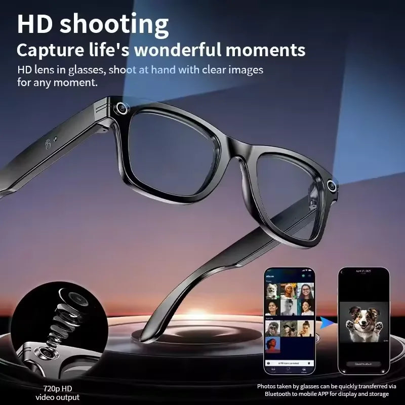 Smart AI glasses with HD camera, antivibration design, and blue light protection, designed by Corporación Turística.