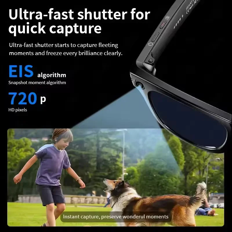 AI 800W smart glasses with HD camera and anti-vibration features, designed for hands-free video recording and blue light protection.